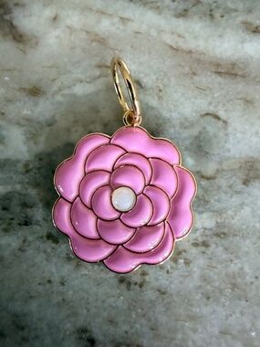 Chanel Mothers Day Camellia Charm Pink & Gold Tone with Pearl Center NEW